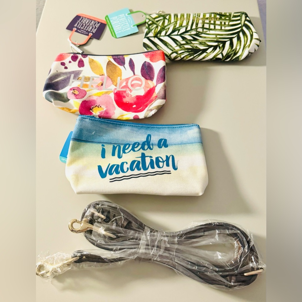 NWT. Bath and Body works cosmetic bags and brown purse strap.